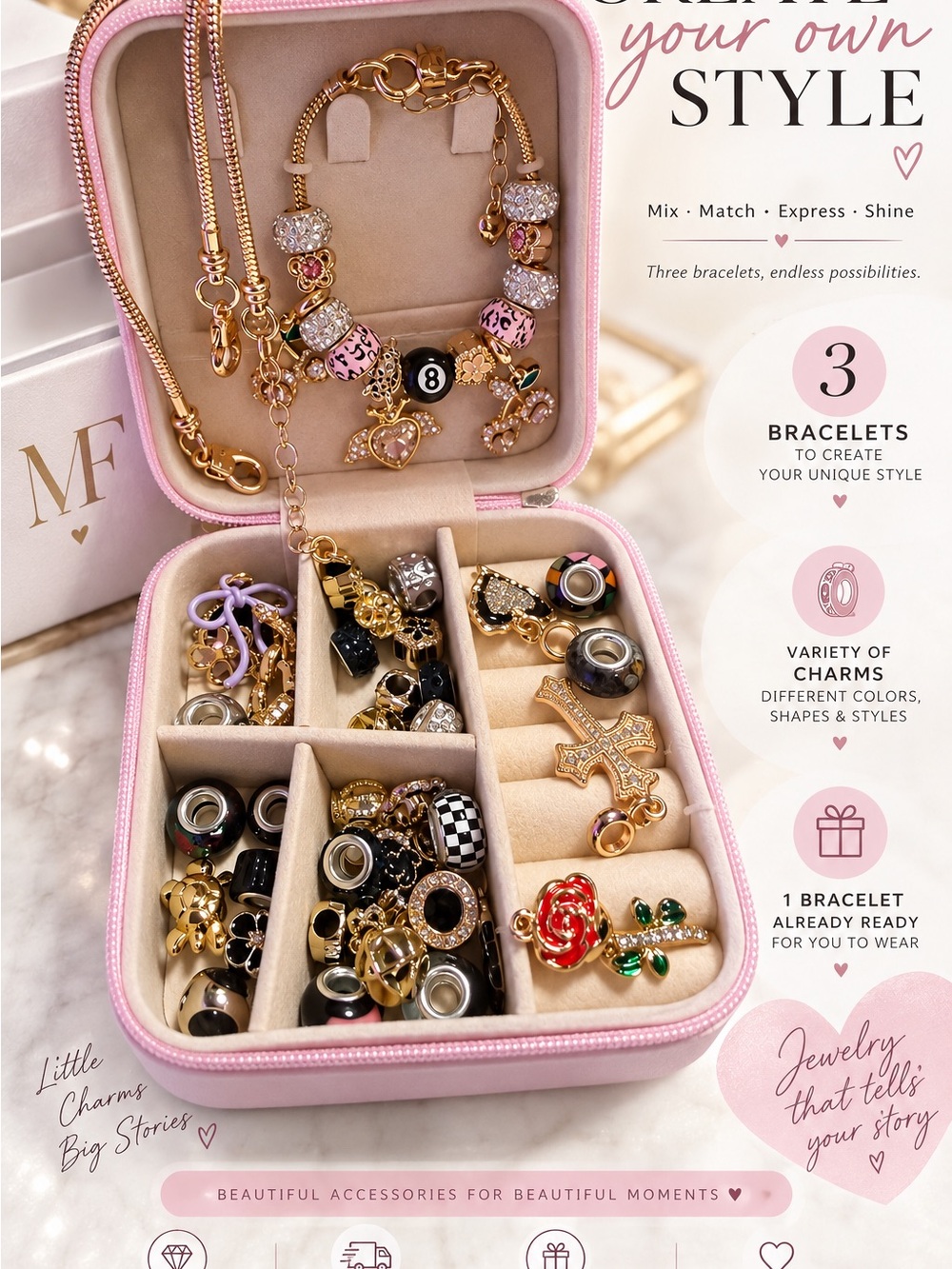 Pink and Gold Charm Bracelet Set